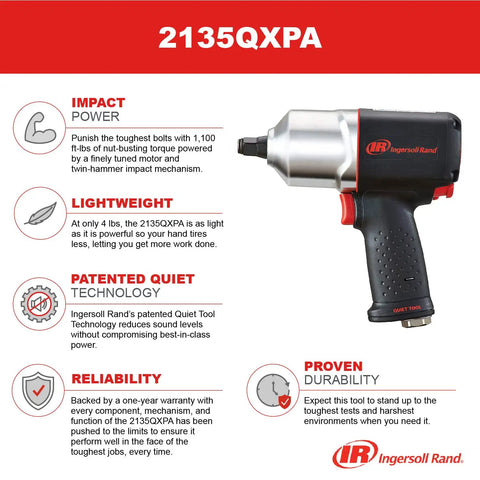 Heavy Duty Half Inch Drive Pneumatic Air Impact Wrench Delivers Over 1100 Ft Lbs Of Bone Crushing Torque As A Bad Ass Shop Essential For Pro Mechanics Who Want Zero Hassle angled view with highlighted features and branding.