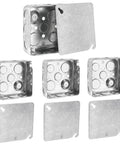 Four Inch Square Electrical Box With Cover, One And A Half Inch Deep Metal Junction Box, 21 Cu In Capacity, Galvanized Steel, 16 Knockouts