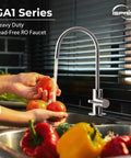 Premium Heavy Duty Reverse Osmosis Faucet For Kitchen Sink, brushed nickel finish, dispensing water while washing vegetables.