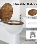 Round Overhead view brown wooden table Toilet Seat with protective bumpers and sturdy resin construction.