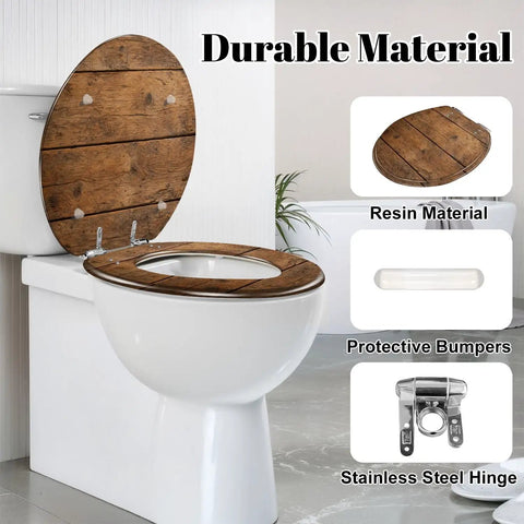 Round Overhead view brown wooden table Toilet Seat with protective bumpers and sturdy resin construction.
