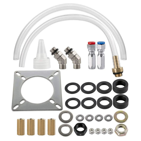 Beefy Hydraulic Outboard Steering Kit components, including connectors, hoses, and fittings, for 300HP helm pump installation.