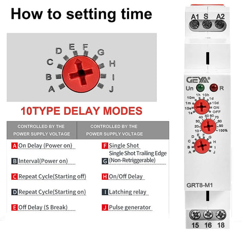 Versatile 16A Time Relay With 10 Function Modes Accepts AC DC 12V To 240V Power 2 Outputs Control Relay GRT8 M2 front view