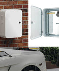 Send Cable Clutter Packing With This Heavy Duty Galvanized Steel Outdoor EV Charger Enclosure Box mounted on a brick wall.