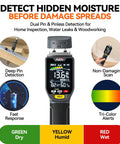 Dual Mode Moisture Meter For Wood And Building Materials With Pin And Pinless Non Destructive Testing Surface Scan Up To Three Quarters Inch Temperature And Humidity Readout Data Log And Backlit LCD Display, shown front view