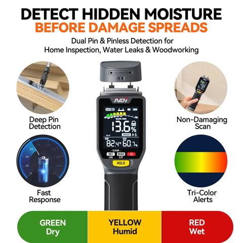 Dual Mode Moisture Meter For Wood And Building Materials With Pin And Pinless Non Destructive Testing Surface Scan Up To Three Quarters Inch Temperature And Humidity Readout Data Log And Backlit LCD Display, shown front view