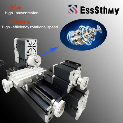 EssSthmy Mini Metal Lathe Machine, 36W 20000 RPM Benchtop Lathe showing precision components and high-efficiency motor for DIY use.