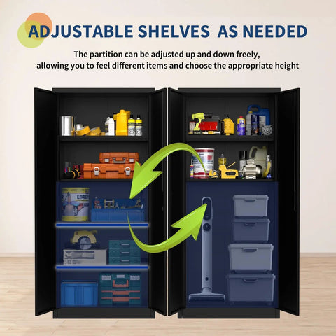 71 Inch Heavy Duty Lockable Metal Storage Cabinet With Two Doors And Four Adjustable Shelves For Garage Workshop Pantry Or Office Steel Utility Cabinet In Black With Adjustable Feet, open showing contents.