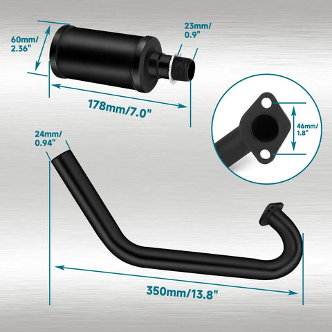Exhaust Muffler Kit For Predator 212cc And 196cc 224cc Engines Plus Coleman Ct200u Ex Bt200x GX200 Tillotson Mini Bike Go Kart Performance Upgrade And More showing pipe and muffler dimensions