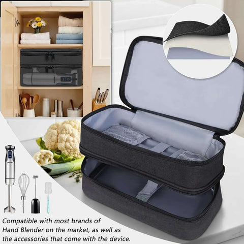 Solid Double Layer Hand Blender Storage Bag And Handy Mixer Transport Case For Kitchen Appliance Protection And Zero Drama Pantry Organization With Generous Padding And Heavy Duty Polyester, showing the case in a kitchen cabinet.