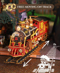 Dope Steampunk Train Station DIY Miniature House Kit With Victorian Fantasy Railtrack City Dollhouse Wood 3D Puzzle, close-up view of train on track