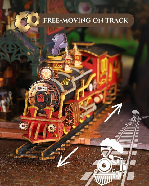 Dope Steampunk Train Station DIY Miniature House Kit With Victorian Fantasy Railtrack City Dollhouse Wood 3D Puzzle, close-up view of train on track
