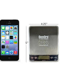 Platinum XP500 Pro Grade Jeweler Pocket Scale next to a smartphone, showcasing 5-inch height and 4.25-inch width dimensions.