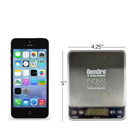 Platinum XP500 Pro Grade Jeweler Pocket Scale next to a smartphone, showcasing 5-inch height and 4.25-inch width dimensions.