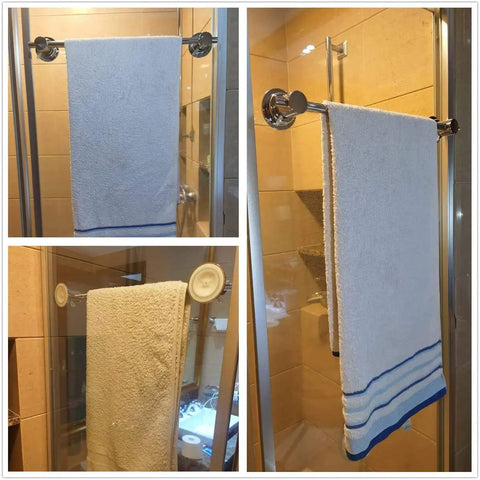 No Drill 24 Inch Suction Cup Towel Bar Brushed Nickel For Bathroom And Shower Door Adhesive Towel Rack installed with towel