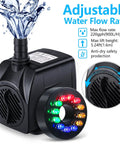 Submersible Fountain Pump With Bright LED Lights 220 GPH 15W with tubing, nozzles, and colorful LED ring light.