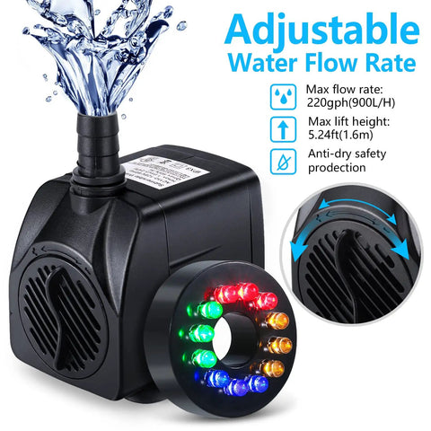 Submersible Fountain Pump With Bright LED Lights 220 GPH 15W with tubing, nozzles, and colorful LED ring light.