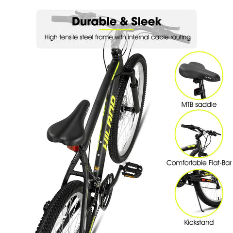 26 Inch Mountain Bike For Adults, Women And Men, 18 Speed Drivetrain With Dual Disc Brakes, High Carbon Steel Frame, Black Yellow