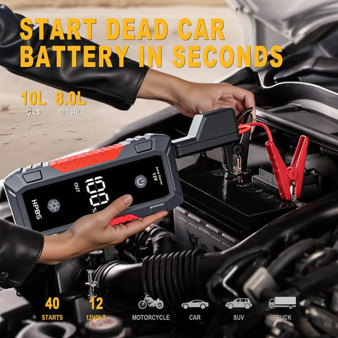 Person using 5000A Peak Jump Starter For Cars With 12V Battery Pack to start car engine, LCD display and red jumps visible