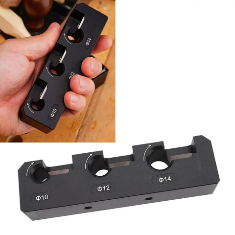 Heavy Gauge Aluminum Dowel Maker Jig Kit, Precision Tenon Cutter For Weekend Warriors And Pro Builders, showing three cutter sizes and grip.