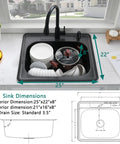 25 by 22 Inch Drop In Kitchen Sink Stainless Steel 16 Gauge Deep Single Bowl Topmount With Dish Grid And Roll Up Rack Quiet Brushed Finish Sound Dampening Pads Durable T304 Construction Built To Last Easy Clean shown with dimensions and dish arrangement