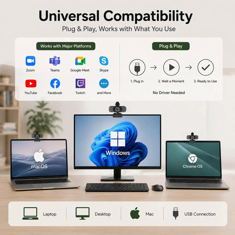 Crisp 1080P Webcam With Built In Noise Canceling Mic And Slide Privacy Cover Offers Automatic Brightness Tuning on laptops and desktops.