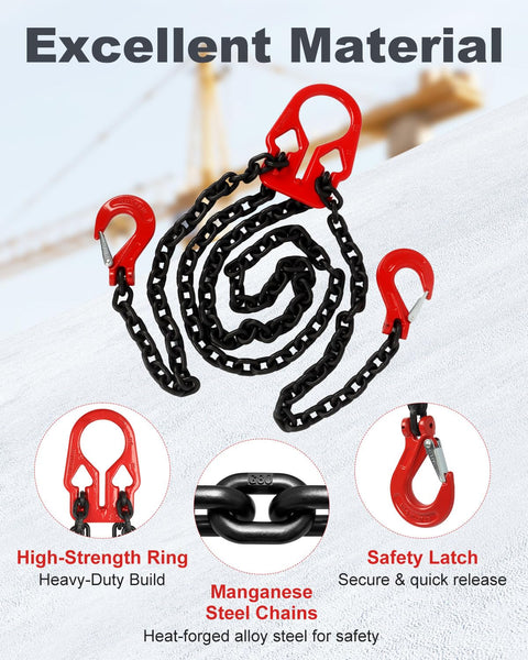 Front view of WENHUALI 5/16 in x 10 ft lifting chain with red adjuster hooks and safety latch