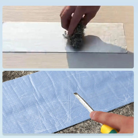Real Deal Asphalt Roof Repair Tape, All Weather Waterproof Sealant Roll, applying tape and cutting for sealing, 1M X 10M X 2M.