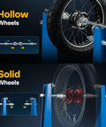 Pro Grade Motorcycle Wheel Balancer And Truing Stand With Spin Static Truing Stand For Accurate Balance showing hollow and solid wheels setup