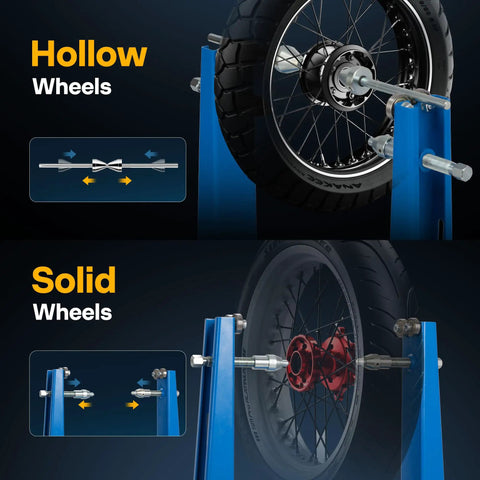 Pro Grade Motorcycle Wheel Balancer And Truing Stand With Spin Static Truing Stand For Accurate Balance showing hollow and solid wheels setup