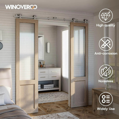 Beefy 72 Inch Top Mount Sliding Barn Door Hardware Kit Stainless Steel Heavy Duty Track For Double Doors, installed view