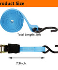 Beefy 1 Inch Tie Down Straps, 20 Foot Length With Hooks, 2200 Lbs Break Strength, rolled blue strap with black hook and ratchet