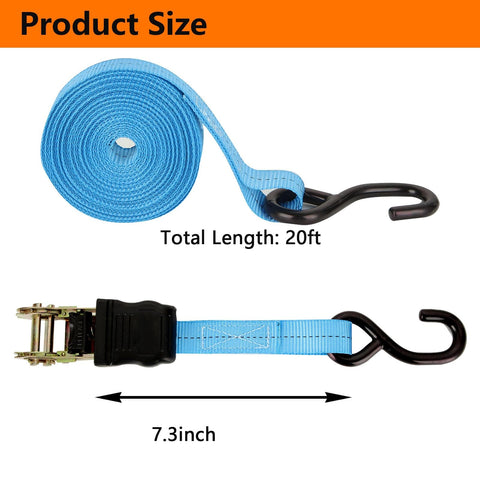 Beefy 1 Inch Tie Down Straps, 20 Foot Length With Hooks, 2200 Lbs Break Strength, rolled blue strap with black hook and ratchet