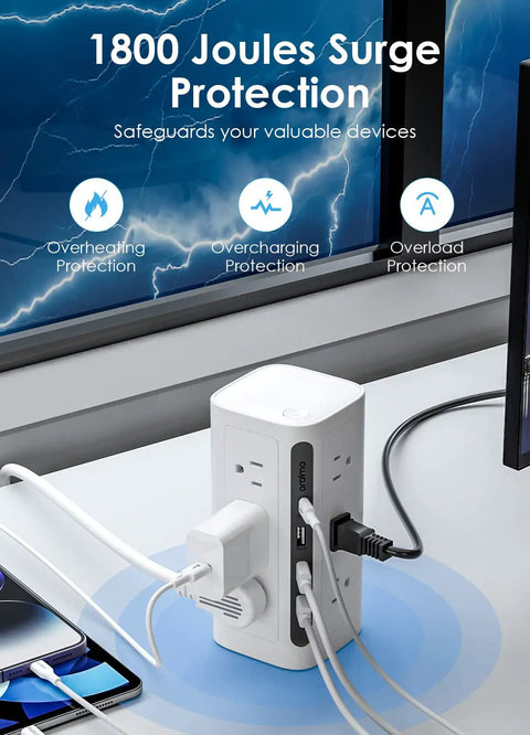 Must Have Boss Level Compact Power Tower Surge Protector With USB Ports And Five Foot Extension Cord 1800 Joules Charging Hub