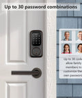Keyless Entry Door Lock With Touchscreen Keypad Deadbolt For Front Door, ANSI Grade 2 Electronic Lock showing 30 access codes feature on a door.