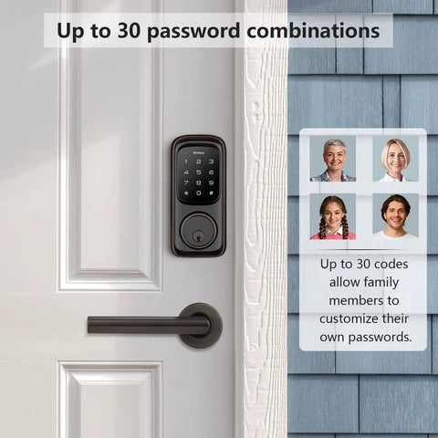 Keyless Entry Door Lock With Touchscreen Keypad Deadbolt For Front Door, ANSI Grade 2 Electronic Lock showing 30 access codes feature on a door.