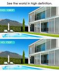 Wireless Light Bulb Security Camera With E27 Socket showing 1080P video quality comparison to 720P of a modern house and pool area