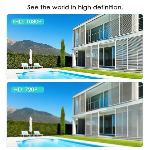 Wireless Light Bulb Security Camera With E27 Socket showing 1080P video quality comparison to 720P of a modern house and pool area