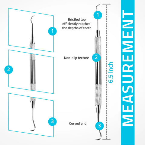 Dentist Grade Tartar Scraper Tool For Plaque Removal Stainless Steel Dental Pick For Deep Teeth Cleaning with measurements and texture details