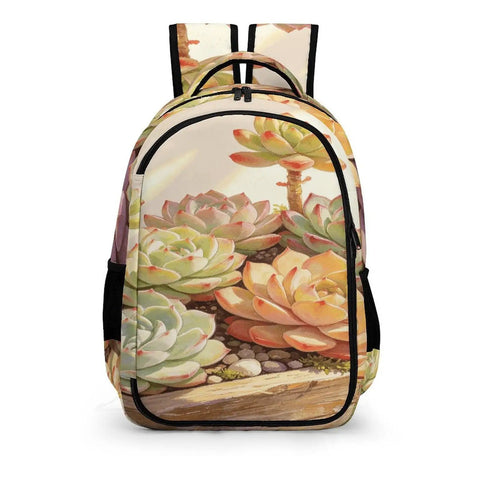 Front view of Succulents Wooden Planter Print Backpack Unisex Large Capacity Durable Polyester All Day Everyday Carry For School Work