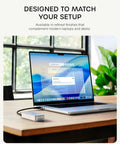 Rad Speed 80Gbps NVMe SSD Enclosure With Direct Hook Up USB4 V2 Connector and Active Cooling beside a laptop during file transfer.