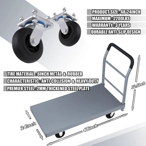 Heavy Duty Flatbed Cart 2200 Lb Capacity Workhorse Foldable Platform Truck Industrial Grade Steel Hand Push Dolly For Garden, Garage, Warehouse And Yard Use With Quiet Wheel Design, anti-slip steel platform, rubber wheels.