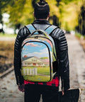 Person wearing Pinkbreeze Homestead Printed Backpack For Everyday Use Unisex Large Capacity Daypack walking outdoors