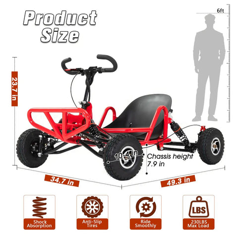 Gas Powered Go Kart With 63cc Engine For Backyard Fun, 2.5HP Off Road Ride, shown with dimensions and features icons.