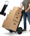 Electric Stair Climbing Hand Truck Featuring a Robust 1500W Motor and 880 Lbs Load Rating carrying cardboard boxes.