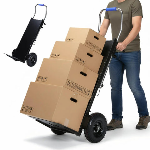 Electric Stair Climbing Hand Truck Featuring a Robust 1500W Motor and 880 Lbs Load Rating carrying cardboard boxes.