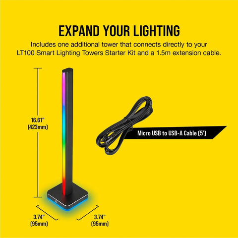Add A 422mm Smart Lighting Tower With 46 Custom LEDs next to USB-A cable on yellow background.