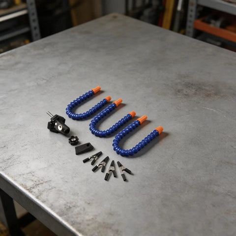 Components of Three Arm Soldering Helping Hands Station With Adjustable Clips laid out on a workbench.