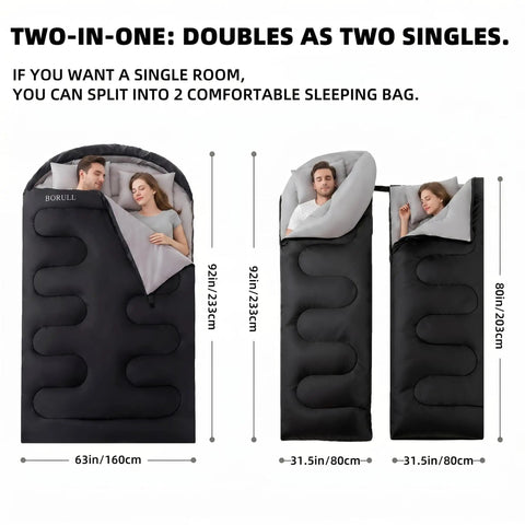 Oversized Double Sleeping Bag For Two Adults Queen Size With Two Pillows Built For Camping, showing split into two singles.