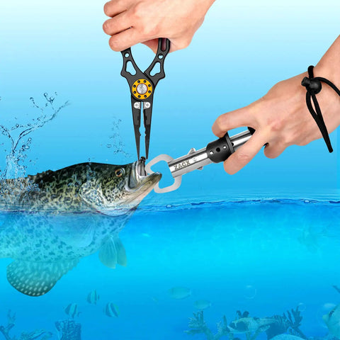 Hands using Pro Grade Fish Lip Gripper Pliers With Upgraded 4.3 Inch EVA Foam Handle on fish in water